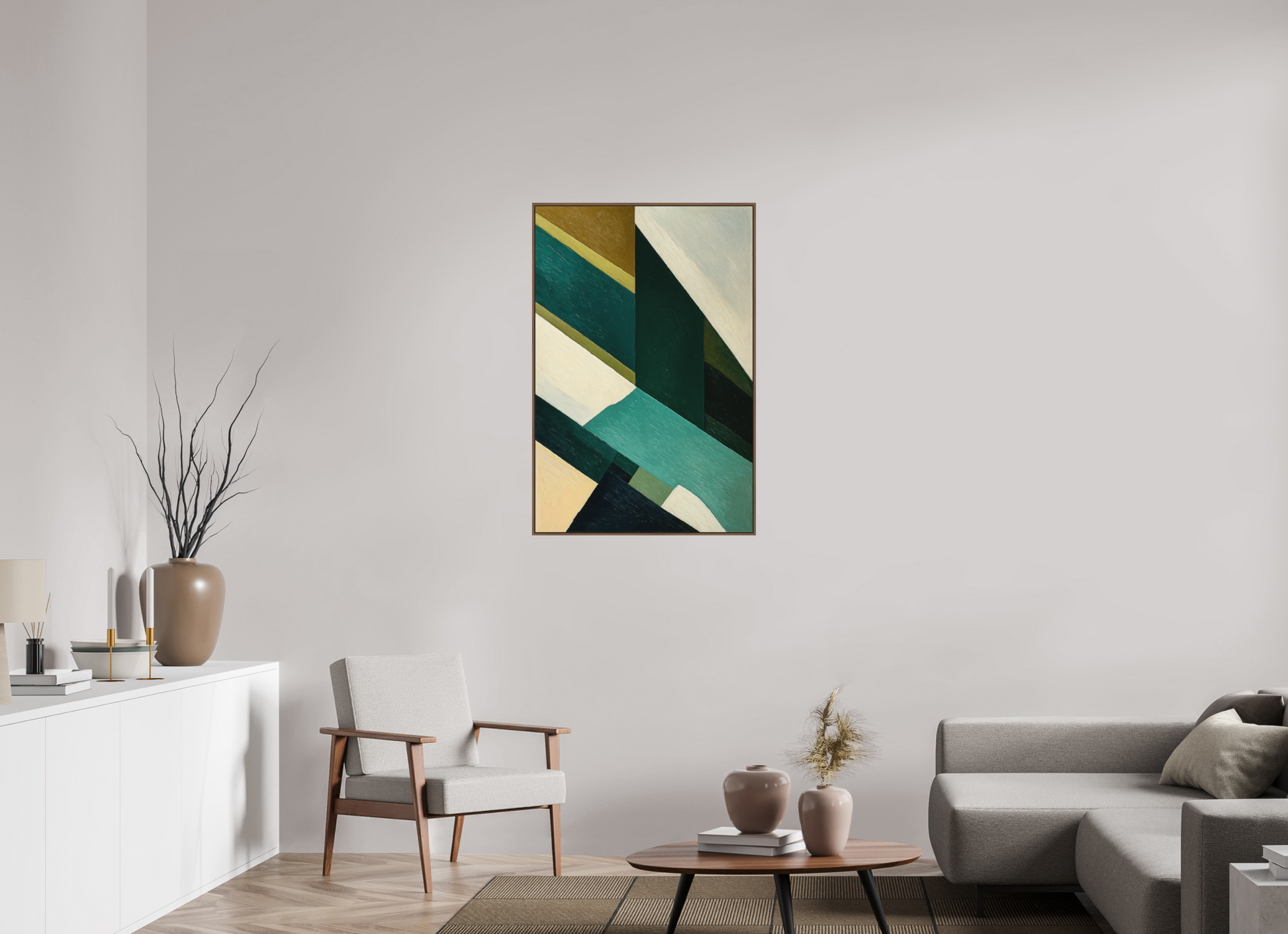 70 x 105 cm, Forex, gerahmt Nussbaumholz Emerald Geometry