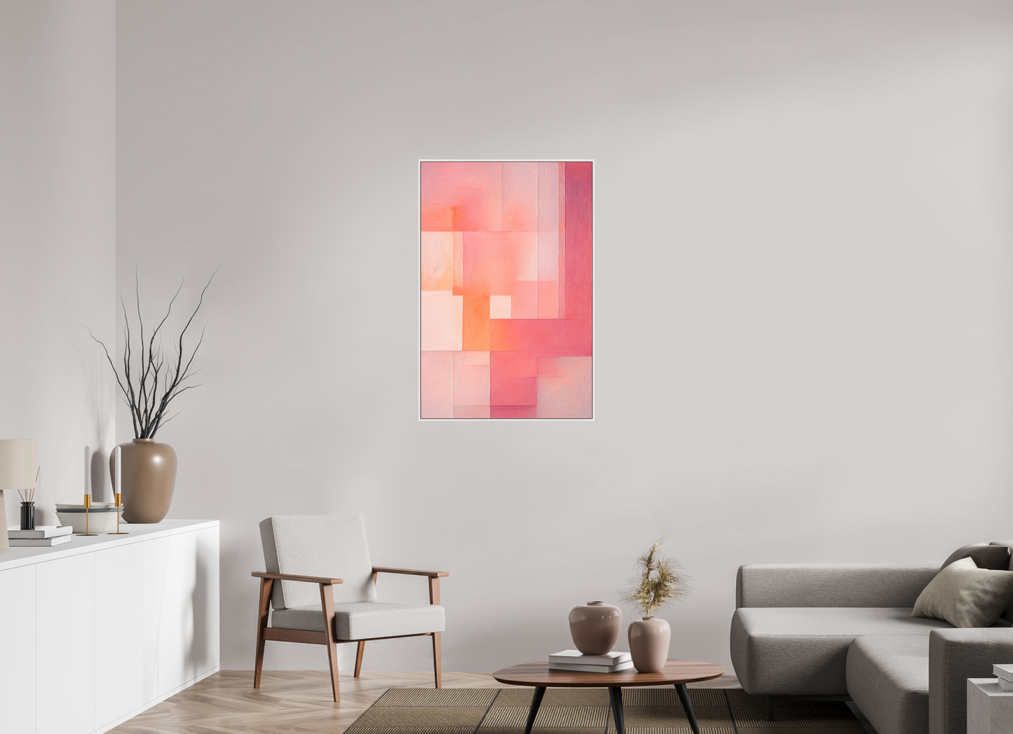 70 x 105 cm, Forex, gerahmt Ahornholz weiß Peach Haze