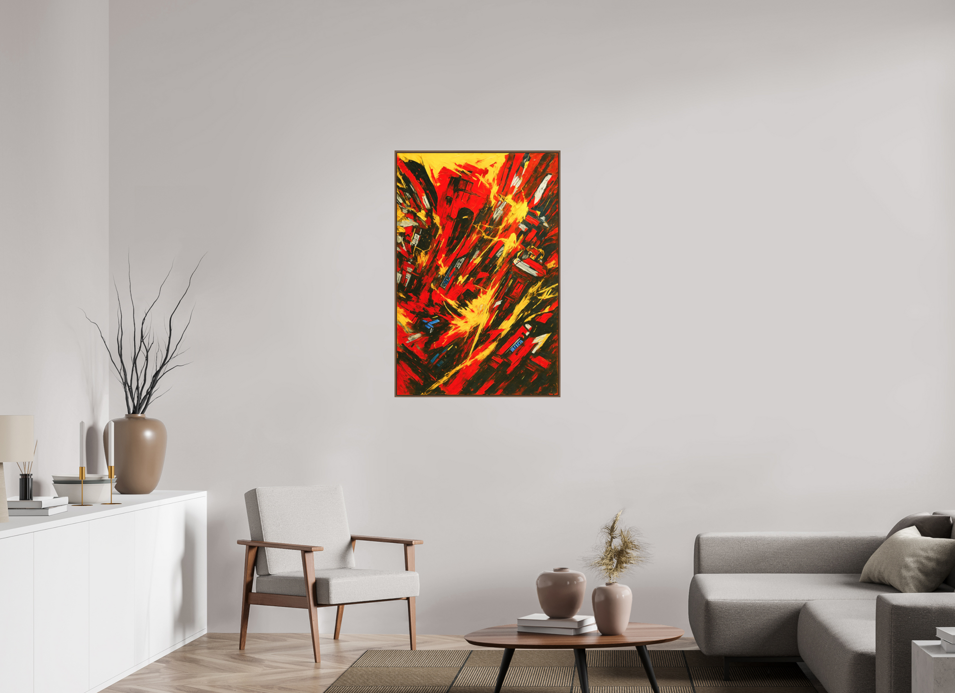 70 x 105 cm, Forex, gerahmt Nussbaumholz Inferno City