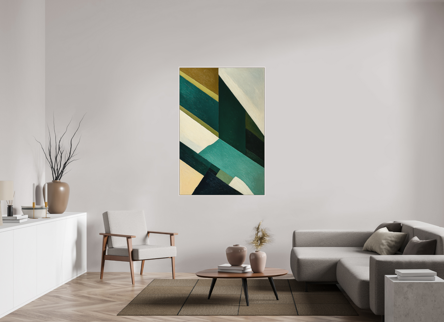100 x 150 cm, Forex, gerahmt Ahornholz weiß Emerald Geometry