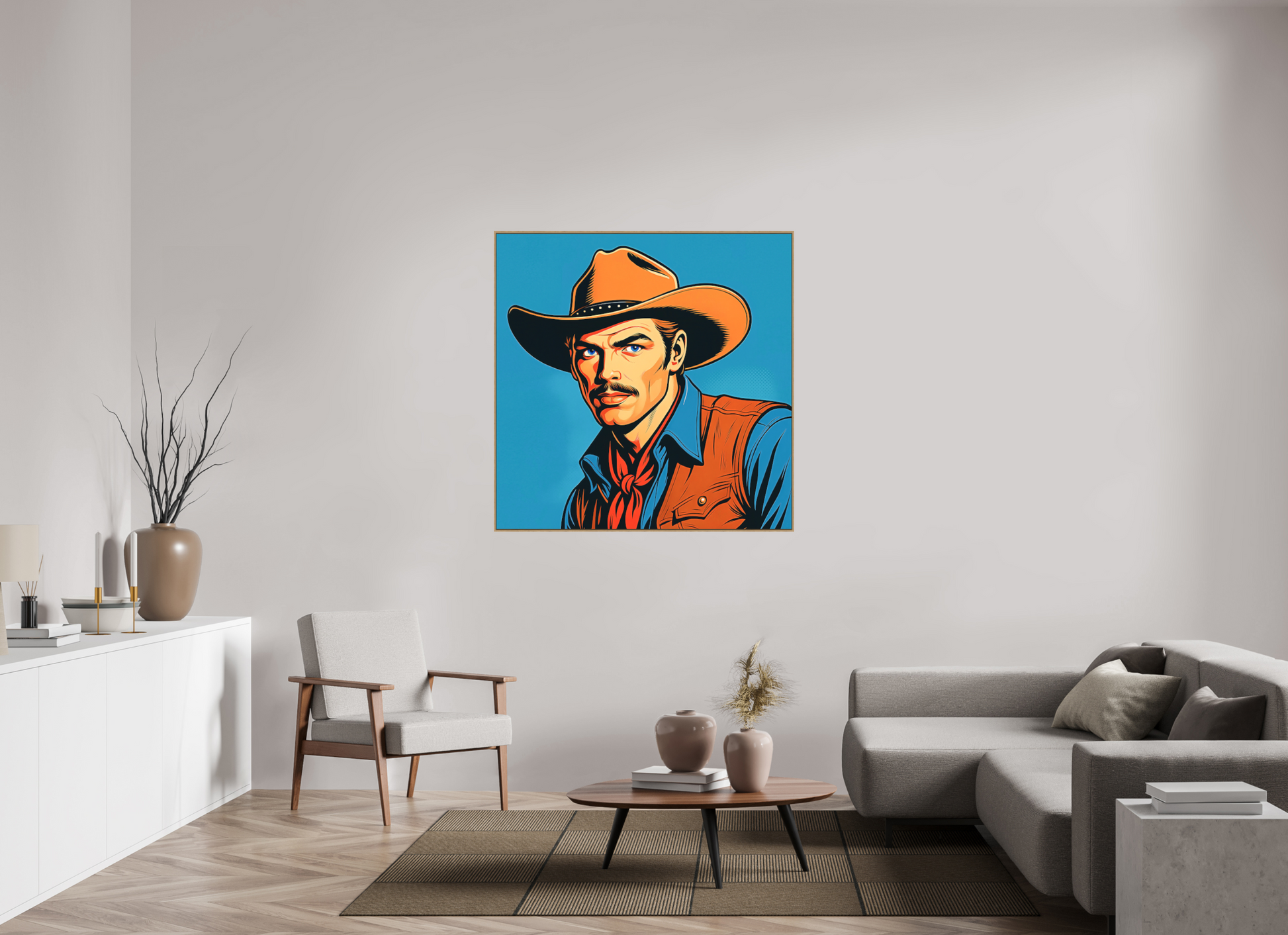 120 x 120 cm, Forex, gerahmt Eichenholz Natur Teal Cowboy