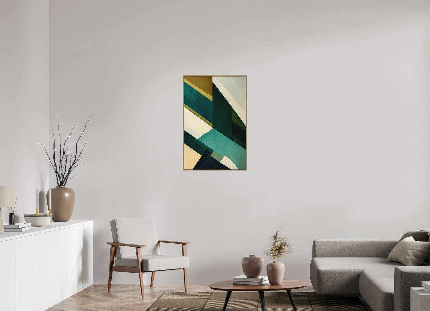 60 x 90 cm, Forex, gerahmt Eichenholz Natur Emerald Geometry